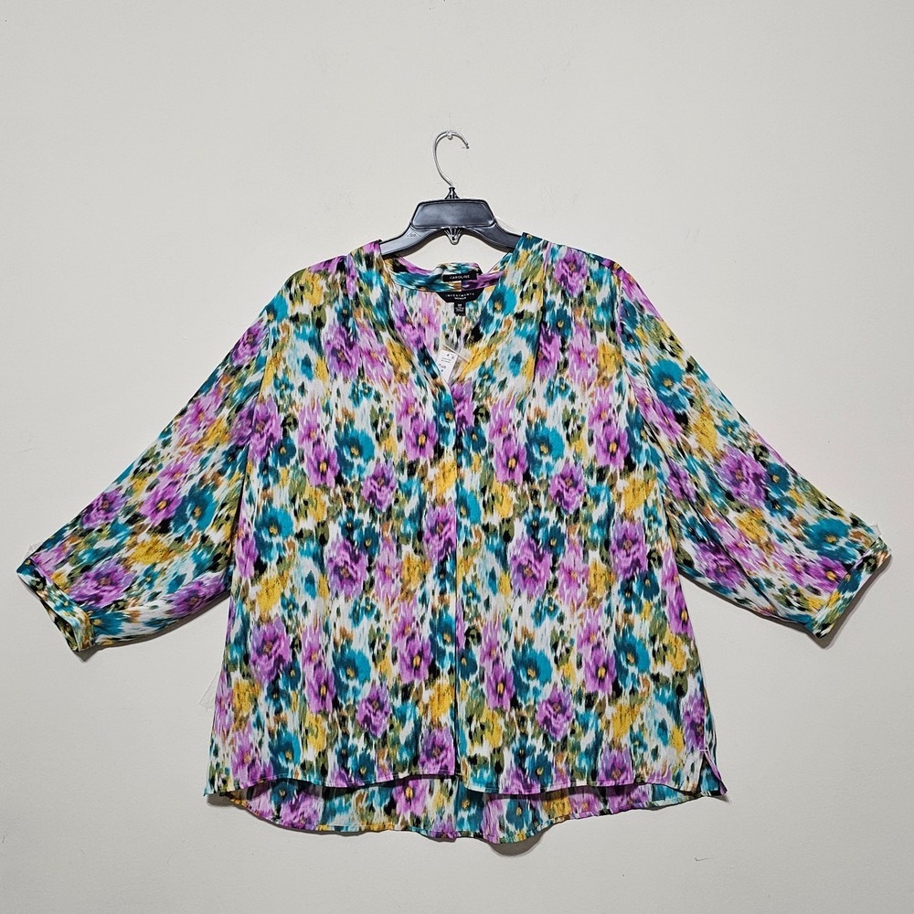 Investments Woman Top Blouse 3X Blue White Purple Front button Long Sleeves 763